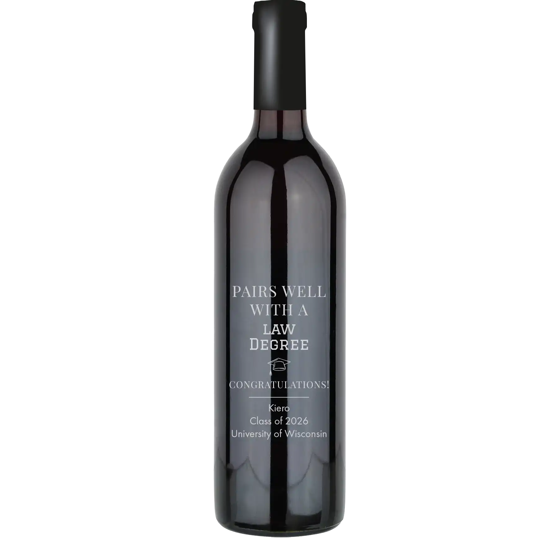 Personalized cabernet sauvignon wine bottle with laser etch 'Pairs Well With A Law Degree' design