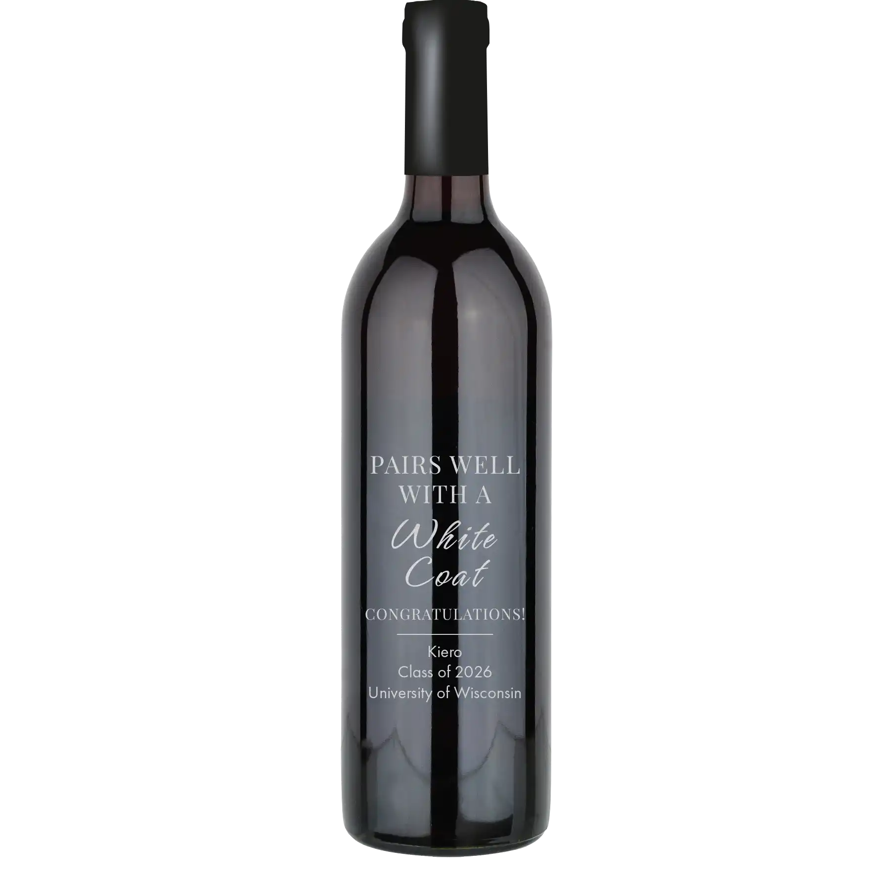 Personalized cabernet sauvignon wine bottle with laser etch 'Pairs Well With A White Coat' design